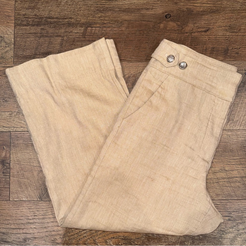 Veronica Beard Aubrie Women’s Khaki Linen-Blend Wide Leg Cropped Pants in Beige - Picture 2 of 16